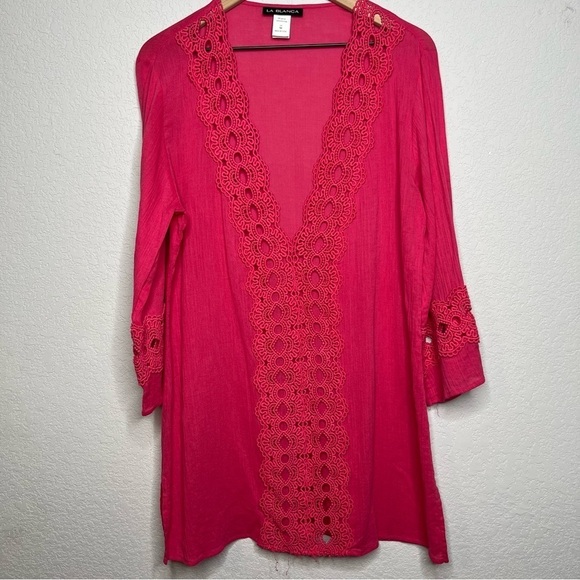 La Blanca Women Dress Medium Pink‎ Crochet Lace Cottage Beach Cover Up Summer - Picture 1 of 8